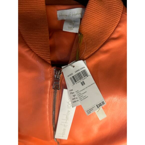 HOUSE OF HARLOW NWT 1960 Living Coral Orange Vegan Faux Leather Bomber Jacket M - Picture 3 of 4
